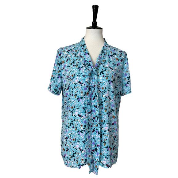 Talbots Tie Neck Top Blouse Short Sleeves Blue Multi Floral Women’s Size Large - Picture 11 of 11